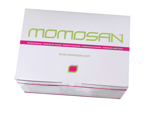 Sie sehen eine Packung MOMOSAN-schwarz steril Woundcleaner 5x5x2cm, 10 Stück, Produktbild: 01 MOMOSAN-schwarz steril Woundcleaner 5x5x2cm, 10 Stück, A-Nr.: 5989725 - 01