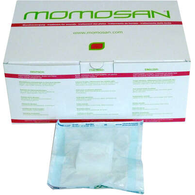 Sie sehen eine Packung MOMOSAN-weiss steril Woundcleaner 5x5x2cm 30 Stück, Produktbild: 02 MOMOSAN-weiss steril Woundcleaner 5x5x2cm 30 Stück, A-Nr.: 4378698 - 02