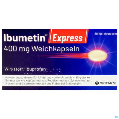 Sie sehen eine Packung Ibumetin Weichkapseln Express 400mg 20st, Produktbild: 01 Ibumetin Weichkapseln Express 400mg 20st, A-Nr.: 5880744 - 01