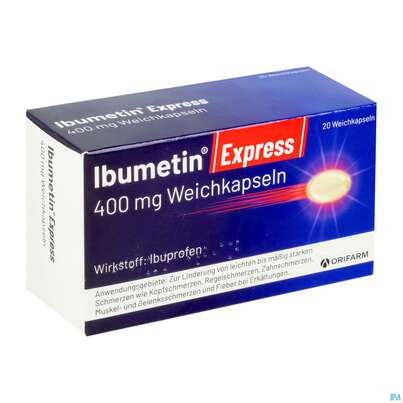 Sie sehen eine Packung Ibumetin Weichkapseln Express 400mg 20st, Produktbild: 02 Ibumetin Weichkapseln Express 400mg 20st, A-Nr.: 5880744 - 02
