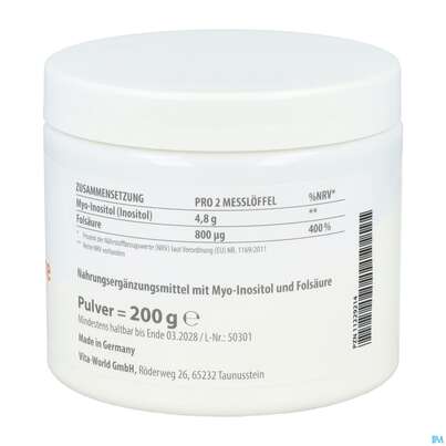 Sie sehen eine Packung Inositol Pulver +folsaeure Vegan -vita World 200g, Produktbild: 05 Inositol Pulver +folsaeure Vegan -vita World 200g, A-Nr.: 4843965 - 05