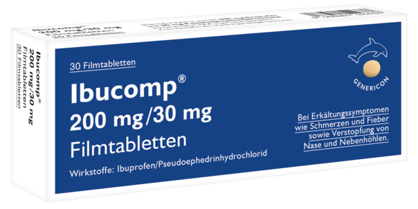 Sie sehen eine Packung Ibucomp® lindert Erkältungssymptome, Produktbild: 01 Ibucomp® lindert Erkältungssymptome, A-Nr.: 5529337 - 01