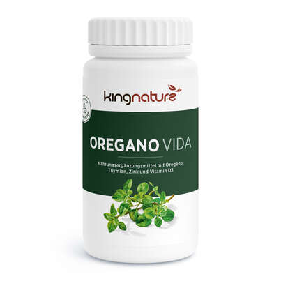 Sie sehen eine Packung KINGNATURE Oregano Vida Kaps 614 mg Ds 60 Stk, Produktbild: 01 KINGNATURE Oregano Vida Kaps 614 mg Ds 60 Stk, A-Nr.: 5208366 - 01