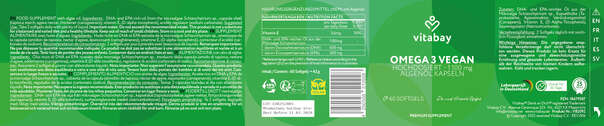Sie sehen eine Packung Vitabay Omega 3 vegan Hochdosiert - 1.100mg - Algenöl Kapseln, Produktbild: 09 Vitabay Omega 3 vegan Hochdosiert - 1.100mg - Algenöl Kapseln, A-Nr.: 6049220 - 09
