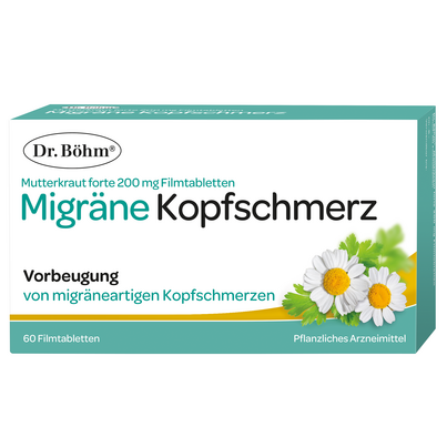 Sie sehen eine Packung Dr. Böhm® Mutterkraut forte 200 mg, Produktbild: 01 Dr. Böhm® Mutterkraut forte 200 mg, A-Nr.: 5521488 - 01