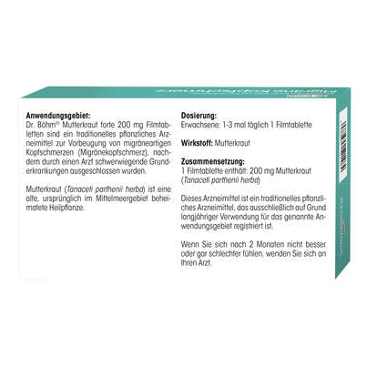 Sie sehen eine Packung Dr. Böhm® Mutterkraut forte 200 mg, Produktbild: 06 Dr. Böhm® Mutterkraut forte 200 mg, A-Nr.: 5521488 - 06