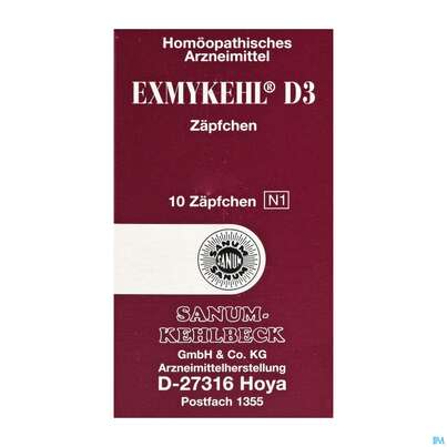 Sie sehen eine Packung Exmykehl D 3 Suppositorium 10st, Produktbild: 01 Exmykehl D 3 Suppositorium 10st, A-Nr.: 1997188 - 01