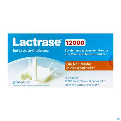 Sie sehen eine Packung Lactrase Kapseln 12.000 Fcc -pro Natura 150st, Produktbild: 02 Lactrase Kapseln 12.000 Fcc -pro Natura 150st, A-Nr.: 4183440 - 02