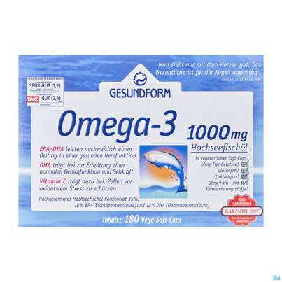 Sie sehen eine Packung Omega -3 Kapseln 1000mg Gesundform 180st, Produktbild: 02 Omega -3 Kapseln 1000mg Gesundform 180st, A-Nr.: 3055042 - 02