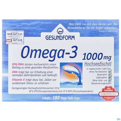 Sie sehen eine Packung Omega -3 Kapseln 1000mg Gesundform 180st, Produktbild: 03 Omega -3 Kapseln 1000mg Gesundform 180st, A-Nr.: 3055042 - 03