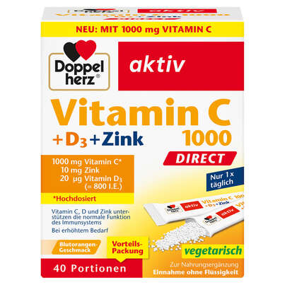 Sie sehen eine Packung Doppelherz Vitamin C 1000 Direct, Produktbild: 01 Doppelherz Vitamin C 1000 Direct, A-Nr.: 6009433 - 01