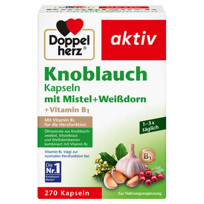 Sie sehen eine Packung Knoblauch Kapseln mit Mistel + Weißdorn + Vitamin B1, Produktbild: 01 Knoblauch Kapseln mit Mistel + Weißdorn + Vitamin B1, A-Nr.: 5987330 - 01
