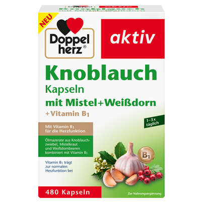 Sie sehen eine Packung Knoblauch Kapseln mit Mistel + Weißdorn + Vitamin B1, Produktbild: 01 Knoblauch Kapseln mit Mistel + Weißdorn + Vitamin B1, A-Nr.: 5987353 - 01