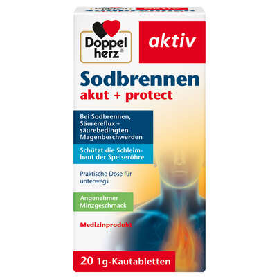 Sie sehen eine Packung Doppelherz Sodbrennen akut + protect, Produktbild: 01 Doppelherz Sodbrennen akut + protect, A-Nr.: 5677167 - 01