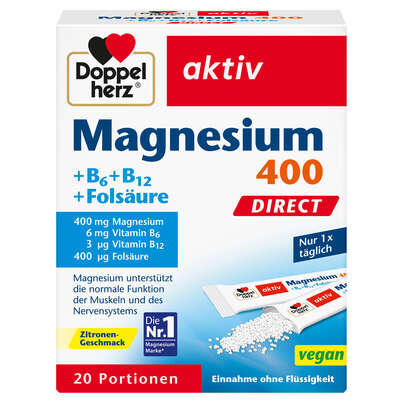 Sie sehen eine Packung Doppelherz Magnesium 400 DIRECT + B6 + B12 + Folsäure, Produktbild: 01 Doppelherz Magnesium 400 DIRECT + B6 + B12 + Folsäure, A-Nr.: 3478357 - 01