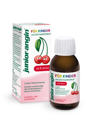 Sie sehen eine Packung junior-angin Halsschmerzsirup, Produktbild: 01 junior-angin Halsschmerzsirup, A-Nr.: 5983415 - 01