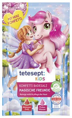 Sie sehen eine Packung Tetesept Kids Badesalz Konfetti Beste Freunde 45g, Produktbild: 01 Tetesept Kids Badesalz Konfetti Beste Freunde 45g, A-Nr.: 6117631 - 01