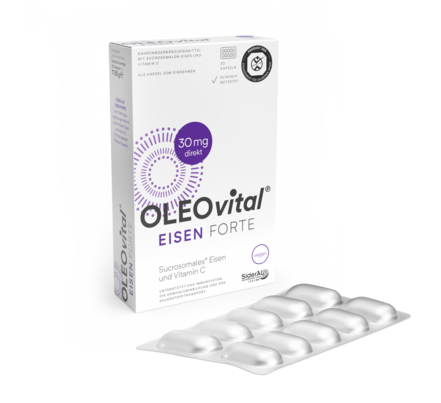 Sie sehen eine Packung OLEOvital® Eisen Forte (Kapseln), Produktbild: 02 OLEOvital® Eisen Forte (Kapseln), A-Nr.: 4540265 - 02