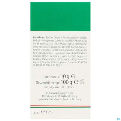 Sie sehen eine Packung Allgaeuer Latschenkiefer Sole-fussbad 10x10 100g, Produktbild: 07 Allgaeuer Latschenkiefer Sole-fussbad 10x10 100g, A-Nr.: 0864574 - 07