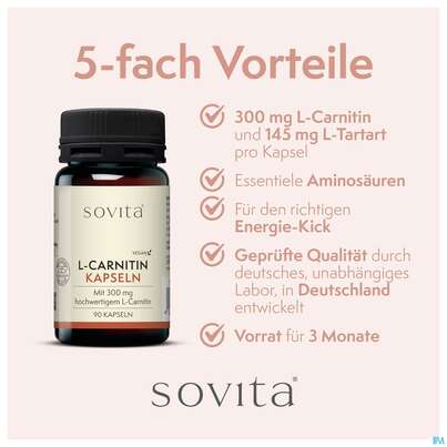 Sie sehen eine Packung L-carnitin Kapseln Sovita 90st, Produktbild: 08 L-carnitin Kapseln Sovita 90st, A-Nr.: 3862972 - 08
