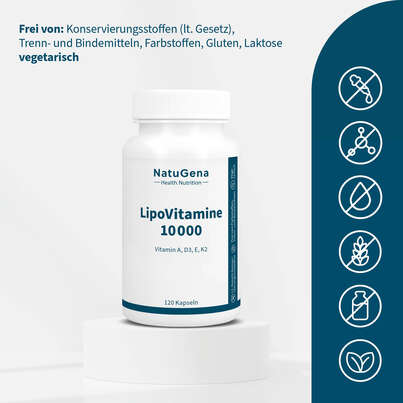 Sie sehen eine Packung NatuGena LipoVitamine 10000 Kapseln, Produktbild: 03 NatuGena LipoVitamine 10000 Kapseln, A-Nr.: 6036418 - 03
