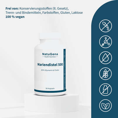 Sie sehen eine Packung NatuGena Mariendistel 500, Produktbild: 03 NatuGena Mariendistel 500, A-Nr.: 6110379 - 03