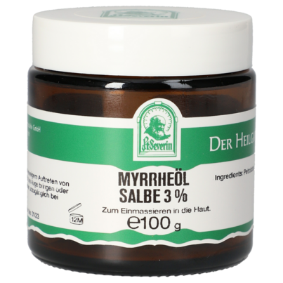 Sie sehen eine Packung MYRRHEÖL SALBE 3% 100 G, Produktbild: 01 MYRRHEÖL SALBE 3% 100 G, A-Nr.: 5802371 - 01