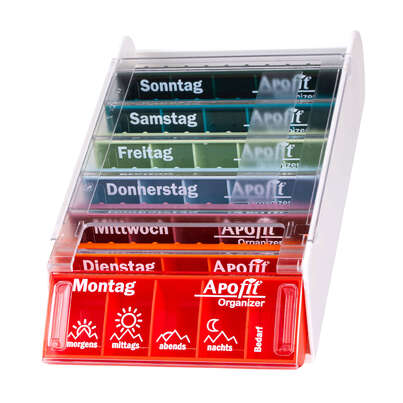 Sie sehen eine Packung APOfit Wochendispenser 7 Dosierer Organizer bunt, Produktbild: 01 APOfit Wochendispenser 7 Dosierer Organizer bunt, A-Nr.: 5965073 - 01