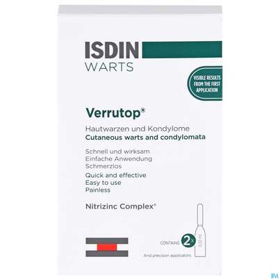 Sie sehen eine Packung Isdin Verrutop Ampullen Warts 2u 100 Microl 2st, Produktbild: 01 Isdin Verrutop Ampullen Warts 2u 100 Microl 2st, A-Nr.: 5160984 - 01