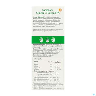 Sie sehen eine Packung Omega -3 Norsan Oel/vegan/epa/hochd. Orangengeschmack 100ml, Produktbild: 06 Omega -3 Norsan Oel/vegan/epa/hochd. Orangengeschmack 100ml, A-Nr.: 5948034 - 06