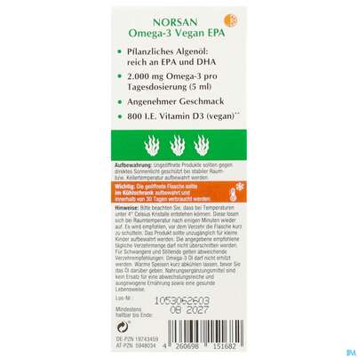 Sie sehen eine Packung Omega -3 Norsan Oel/vegan/epa/hochd. Orangengeschmack 100ml, Produktbild: 07 Omega -3 Norsan Oel/vegan/epa/hochd. Orangengeschmack 100ml, A-Nr.: 5948034 - 07