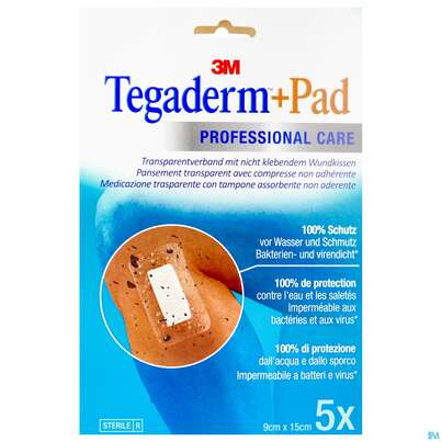 Sie sehen eine Packung Tegaderm +pad 9x15cm 3589np 5st, Produktbild: 02 Tegaderm +pad 9x15cm 3589np 5st, A-Nr.: 2022520 - 02