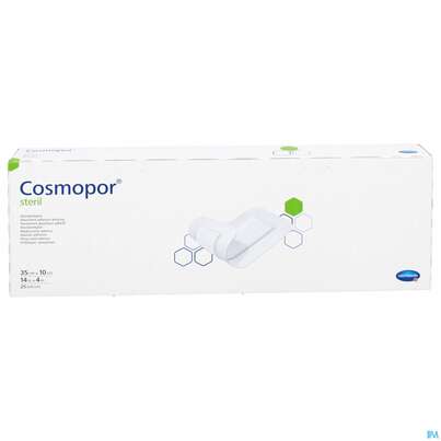 Sie sehen eine Packung Wundverband Cosmopor Steril Selbstklebend 35x 10cm 25st, Produktbild: 01 Wundverband Cosmopor Steril Selbstklebend 35x 10cm 25st, A-Nr.: 1526135 - 01