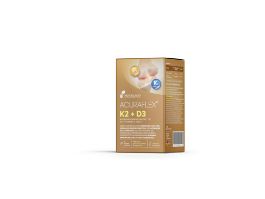 Sie sehen eine Packung ACURAFLEX® K2 + D3 60 Kapseln – 2.000 I.E. Vitamin D3 + 100 μg Vitamin K2 (MK-7), Produktbild: 01 ACURAFLEX® K2 + D3 60 Kapseln – 2.000 I.E. Vitamin D3 + 100 μg Vitamin K2 (MK-7), A-Nr.: 6130749 - 01