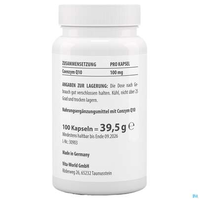 Sie sehen eine Packung Coenzym Q10 Kapseln 100mg Vegan Ubichinon Vita World 100st, Produktbild: 04 Coenzym Q10 Kapseln 100mg Vegan Ubichinon Vita World 100st, A-Nr.: 4836362 - 04