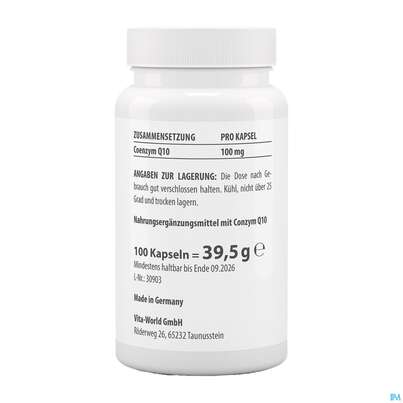 Sie sehen eine Packung Coenzym Q10 Kapseln 100mg Vegan Ubichinon Vita World 100st, Produktbild: 05 Coenzym Q10 Kapseln 100mg Vegan Ubichinon Vita World 100st, A-Nr.: 4836362 - 05