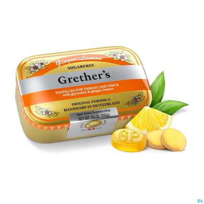 Sie sehen eine Packung Grethers Pastillen Zuckerfrei Ginger Lemon 110g, Produktbild: 08 Grethers Pastillen Zuckerfrei Ginger Lemon 110g, A-Nr.: 5971955 - 08