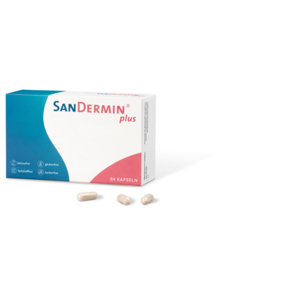 Sie sehen eine Packung SanDermin®plus Kapseln 84 Stk., Produktbild: 01 SanDermin®plus Kapseln 84 Stk., A-Nr.: 6103936 - 01