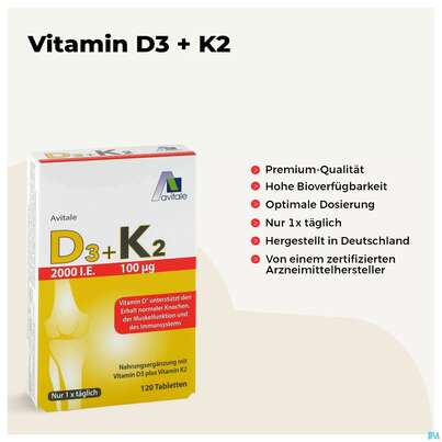 Sie sehen eine Packung D3+k2 Tabl 2000ie +100ug 120st, Produktbild: 06 D3+k2 Tabl 2000ie +100ug 120st, A-Nr.: 5296100 - 06