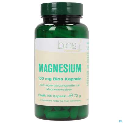 Sie sehen eine Packung Bios Magnesium 100mg 100 Kapseln, Produktbild: 01 Bios Magnesium 100mg 100 Kapseln, A-Nr.: 3892476 - 01