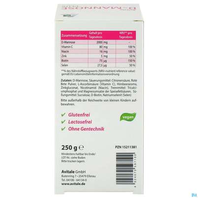 Sie sehen eine Packung D-mannose Pulver 2000mg Plus Dose 250g, Produktbild: 03 D-mannose Pulver 2000mg Plus Dose 250g, A-Nr.: 5296005 - 03