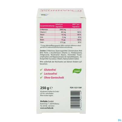 Sie sehen eine Packung D-mannose Pulver 2000mg Plus Dose 250g, Produktbild: 04 D-mannose Pulver 2000mg Plus Dose 250g, A-Nr.: 5296005 - 04