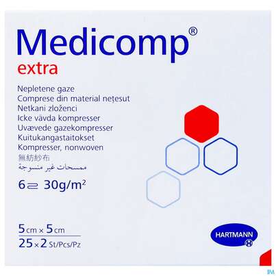 Sie sehen eine Packung Kompressen Medicomp/extra Vliesstoff 6fach Steril 5x 5cm 25x2 50st, Produktbild: 02 Kompressen Medicomp/extra Vliesstoff 6fach Steril 5x 5cm 25x2 50st, A-Nr.: 1652064 - 02