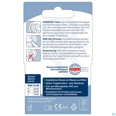 Ohrenschutz Ohropax/clear Silicon G.laerm/wasser/wind Farbl 6st, A-Nr.: 3967375 - 06