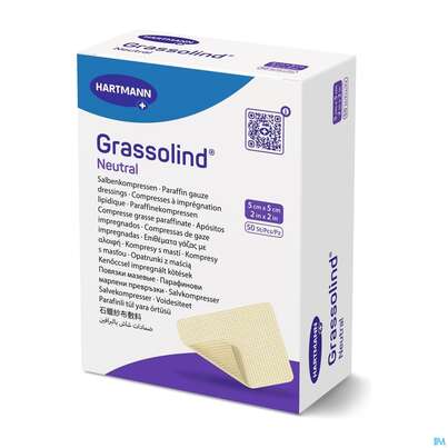 Sie sehen eine Packung Kompressen Grassolind Neutral Salbenkompresse Steril 5x 5cm 50st, Produktbild: 03 Kompressen Grassolind Neutral Salbenkompresse Steril 5x 5cm 50st, A-Nr.: 2368201 - 03