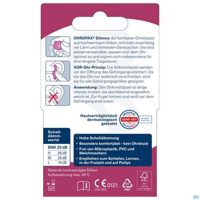 Ohrenschutz Ohropax/silence Silicon G.laerm/wasser/wind Pink 6st, A-Nr.: 3036725 - 08