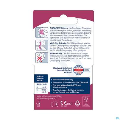 Ohrenschutz Ohropax/silence Silicon G.laerm/wasser/wind Pink 6st, A-Nr.: 3036725 - 09