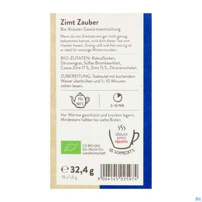 Sie sehen eine Packung Sonnentor Tee/bio Zimt Zauber Doppelkammerbtl 02597 18st, Produktbild: 08 Sonnentor Tee/bio Zimt Zauber Doppelkammerbtl 02597 18st, A-Nr.: 5056181 - 08