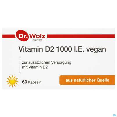Sie sehen eine Packung Vitamin D2 Kapseln Vegan Dr.wolz 60584 60st, Produktbild: 02 Vitamin D2 Kapseln Vegan Dr.wolz 60584 60st, A-Nr.: 4164796 - 02