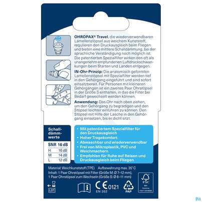 Sie sehen eine Packung Ohrenschutz Ohropax Flight Spezial Filter-1 Paar Pgerf 2st, Produktbild: 08 Ohrenschutz Ohropax Flight Spezial Filter-1 Paar Pgerf 2st, A-Nr.: 4778469 - 08